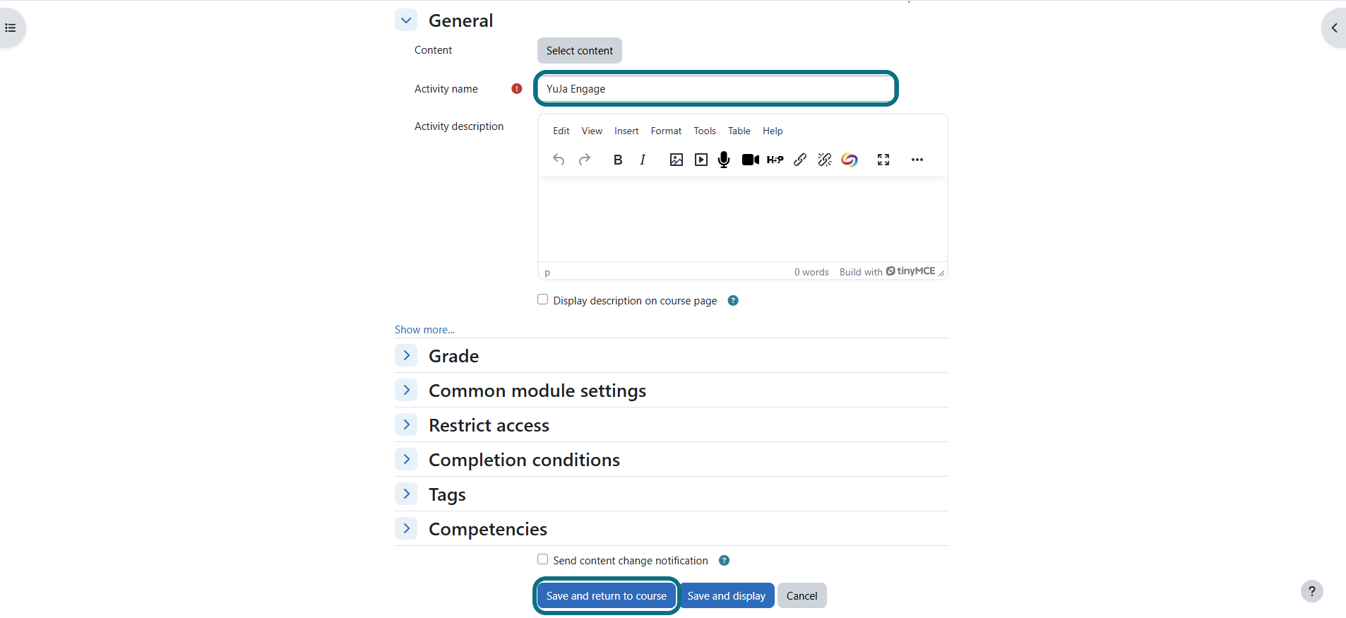 Moodle create the Engage LTI link