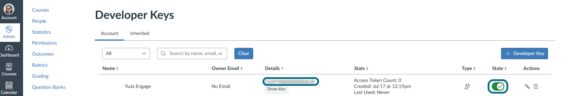 Canvas locating the newly created developer key