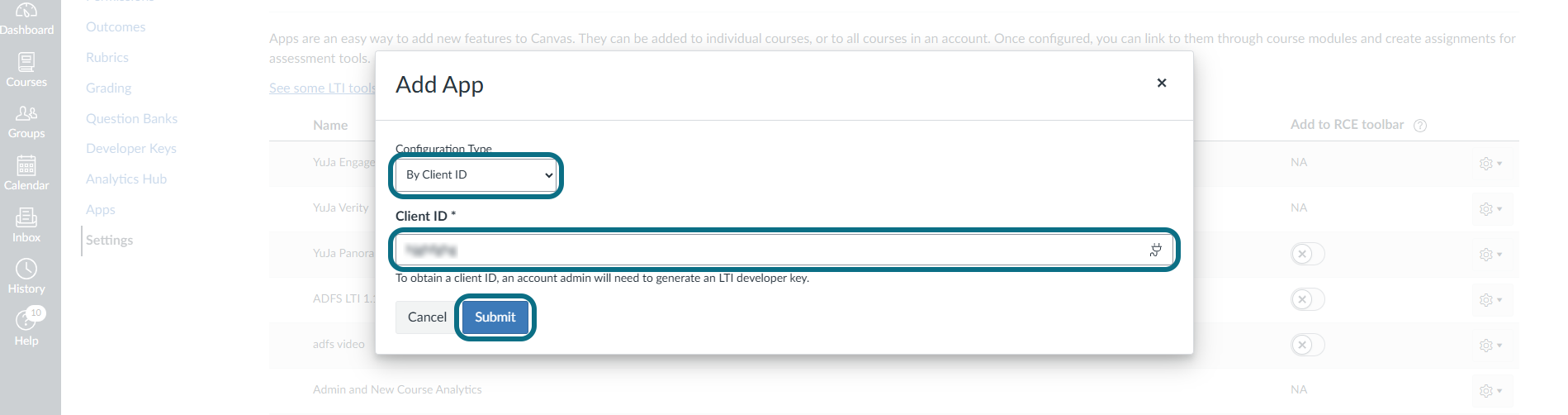 Canvas entering the Client ID