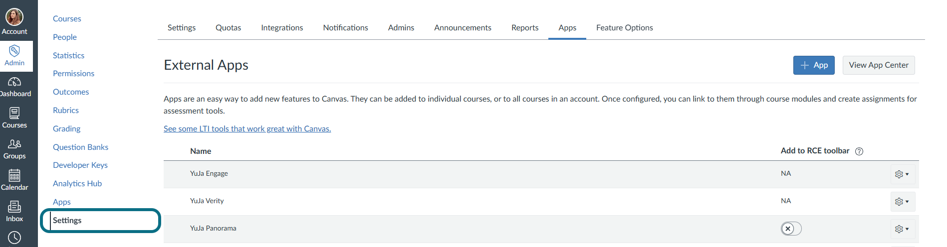 Canvas selecting the settings