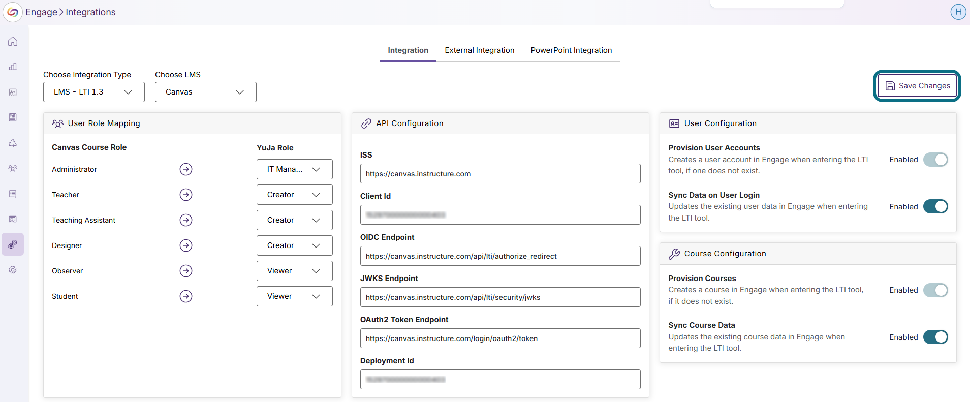 Canvas Saving user and course configurations