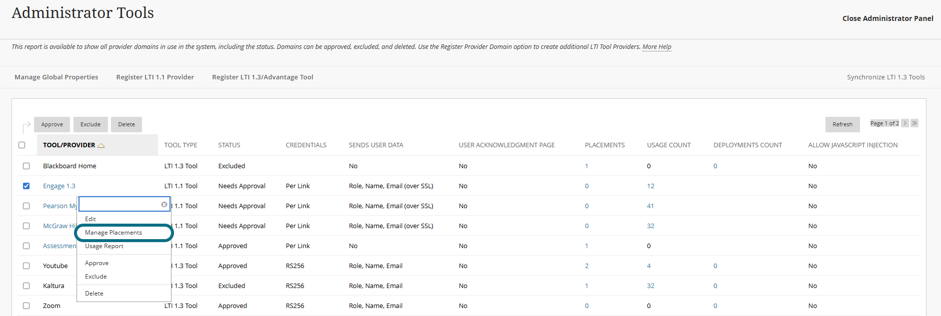 Blackboard Ultra select Manage Placement