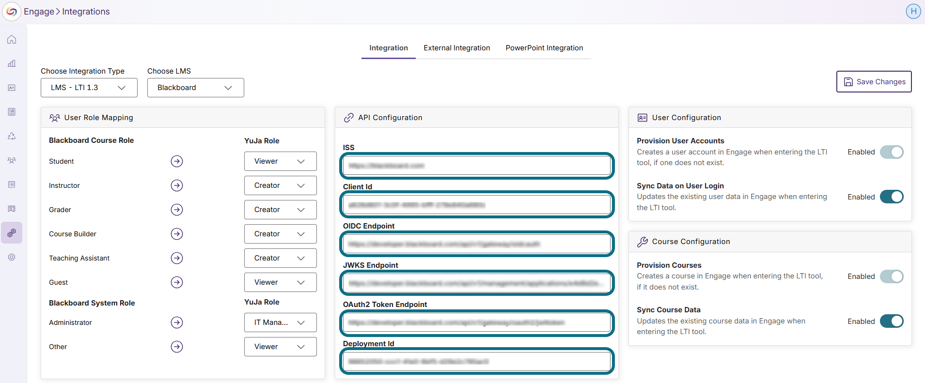 Engage enter API Configuration information