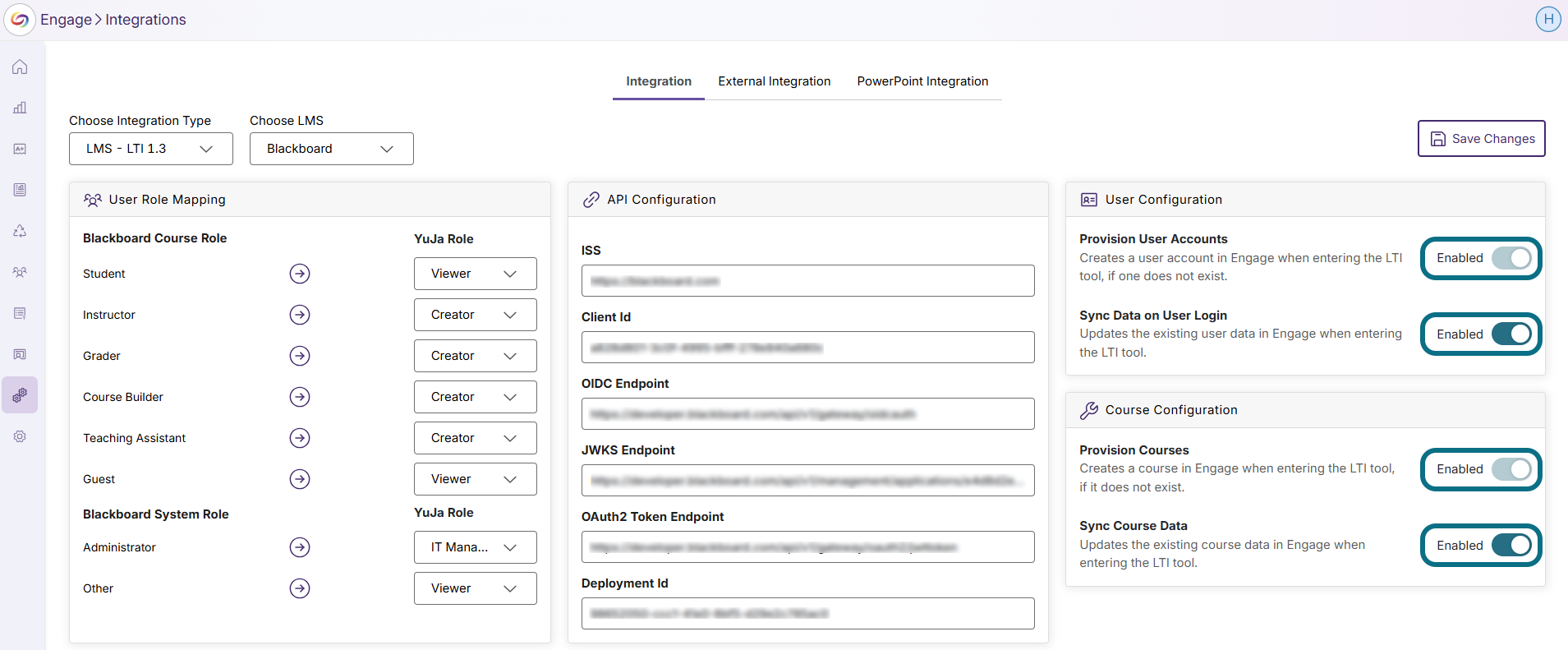 Engage turn on toggles for user and course configurations