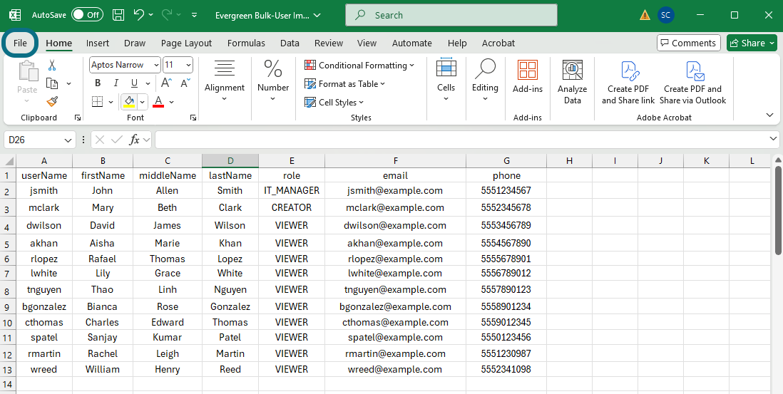 Excel ribbon with File circled