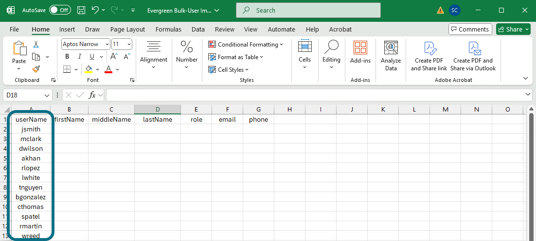 Excel username column