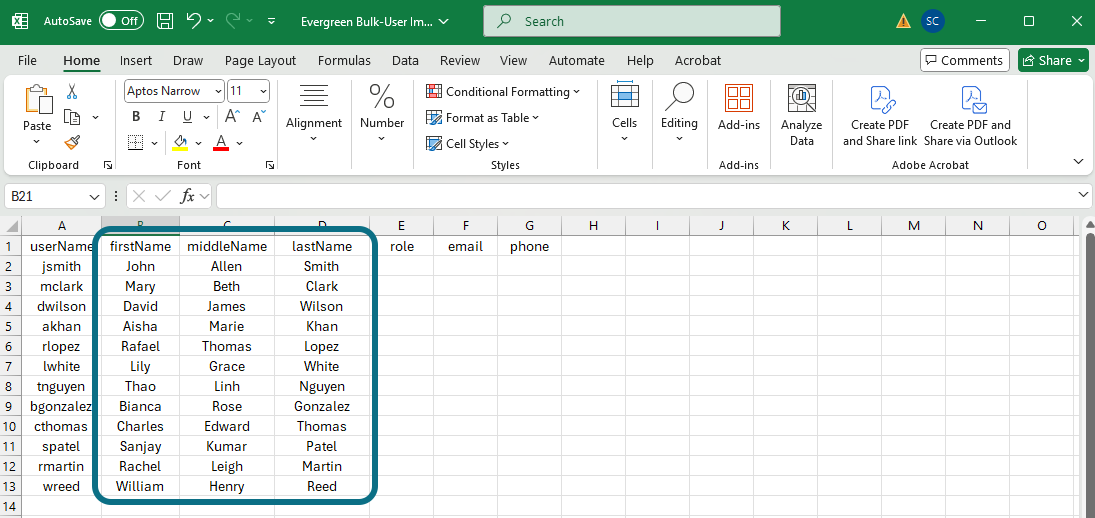 Excel name column