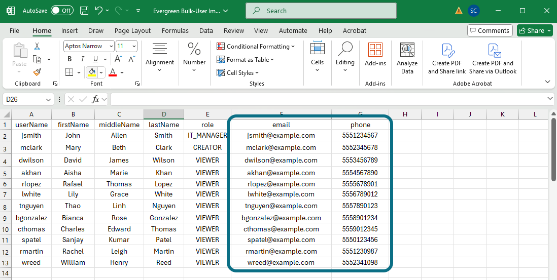 Excel email and phone columns