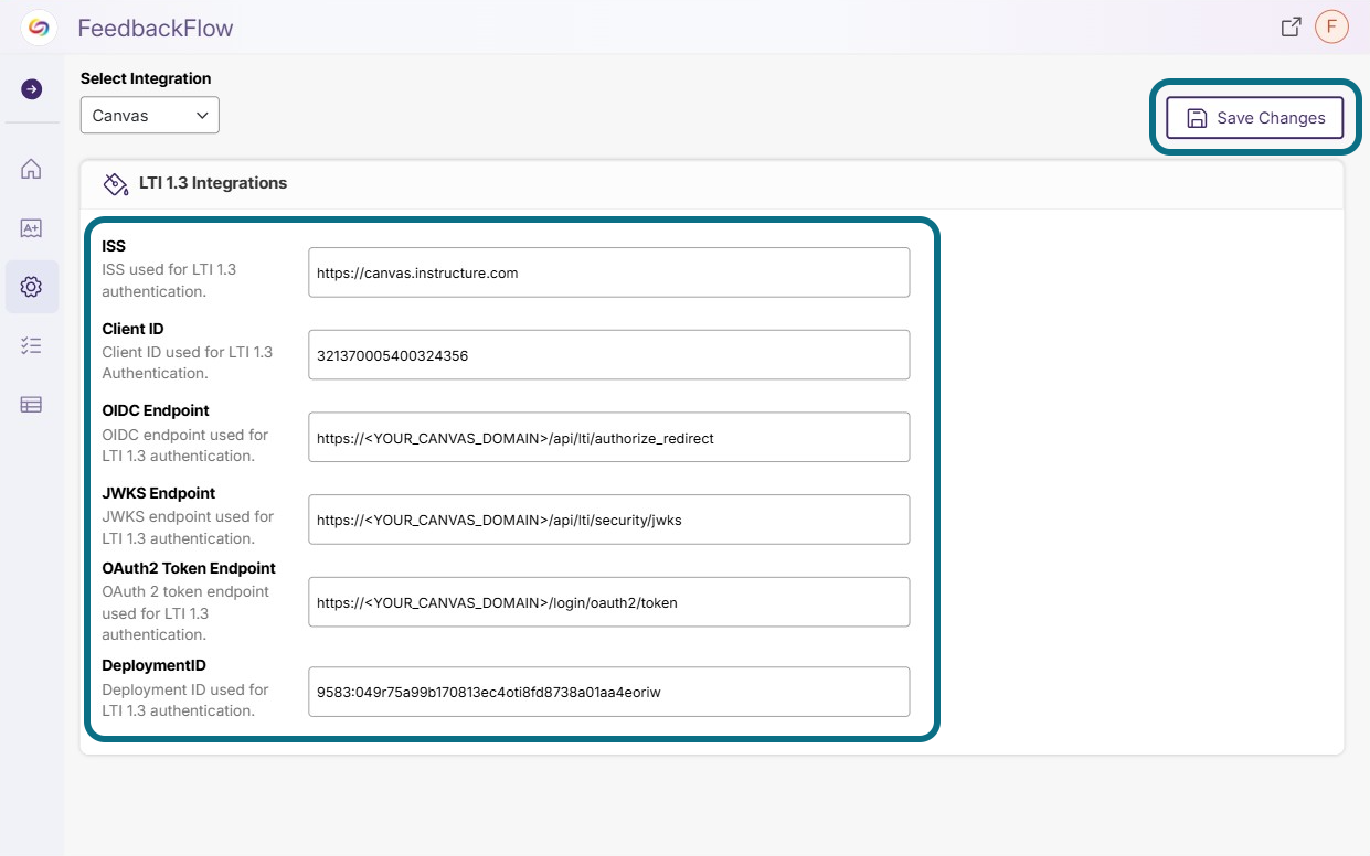 The LTI 1.3 Integrations field in FeedbackFlow.