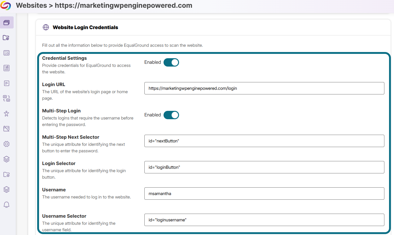 The website login credentials section within the selected website.