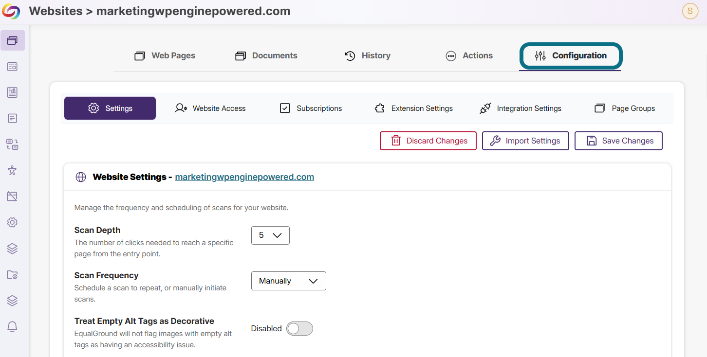 The Configuration tab is shown highlighted for the selected website.