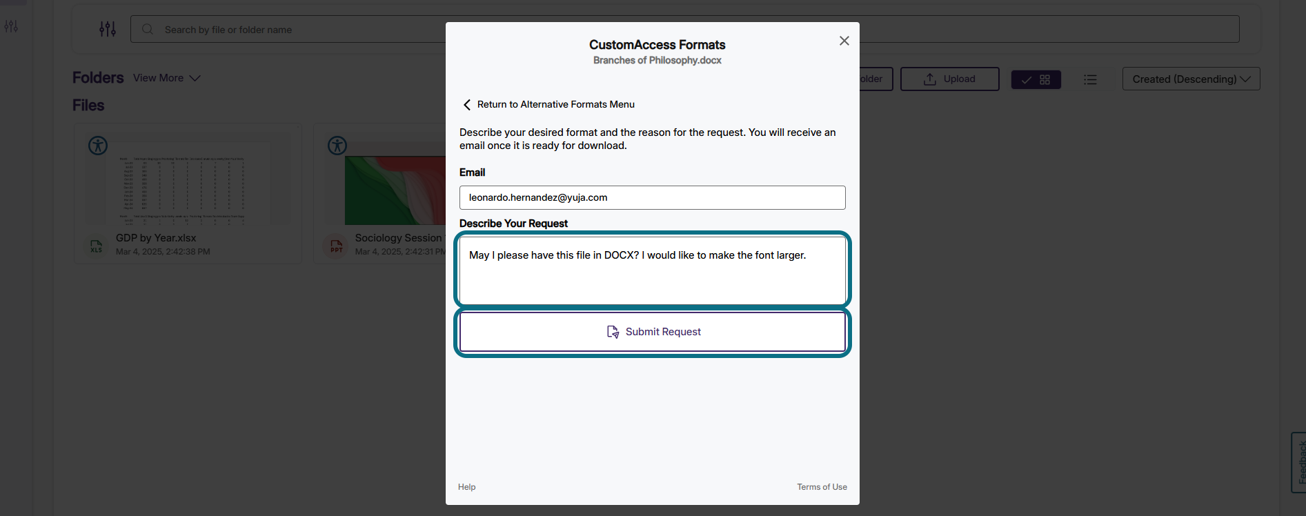 Panorama CustomAccess Formats menu with description field and Submit Request buttons circled