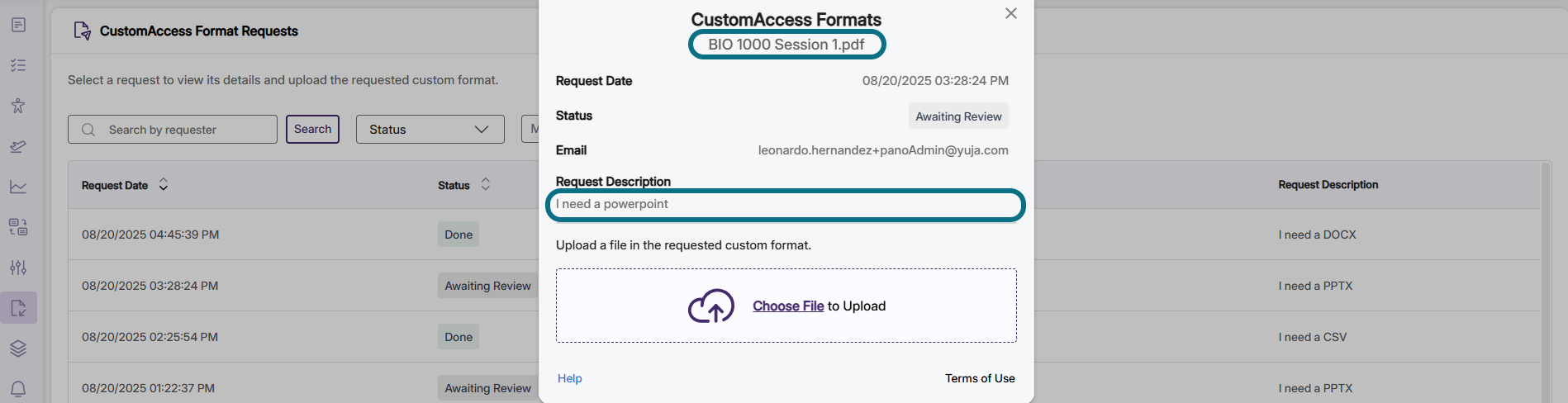 Panorama CustomAccess request with name and request description circled