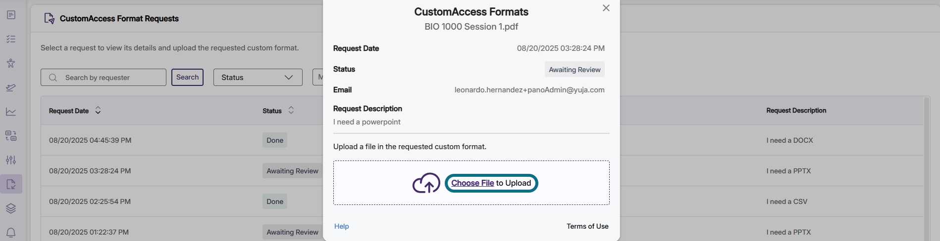 Panorama CustomAccess request with the Choose file button circled