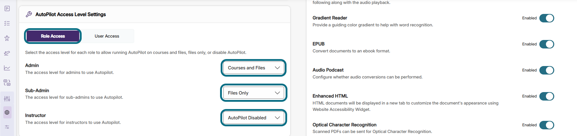 Panorama with the role access tab, and role options circled