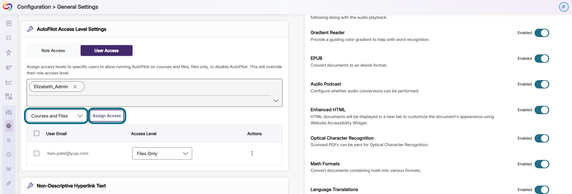 Panorama General Settings page with access level field and Assign Access button circled