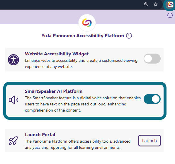 An image of the YuJa Panorama browser extension highlighting the enablement of Smart Speaker.