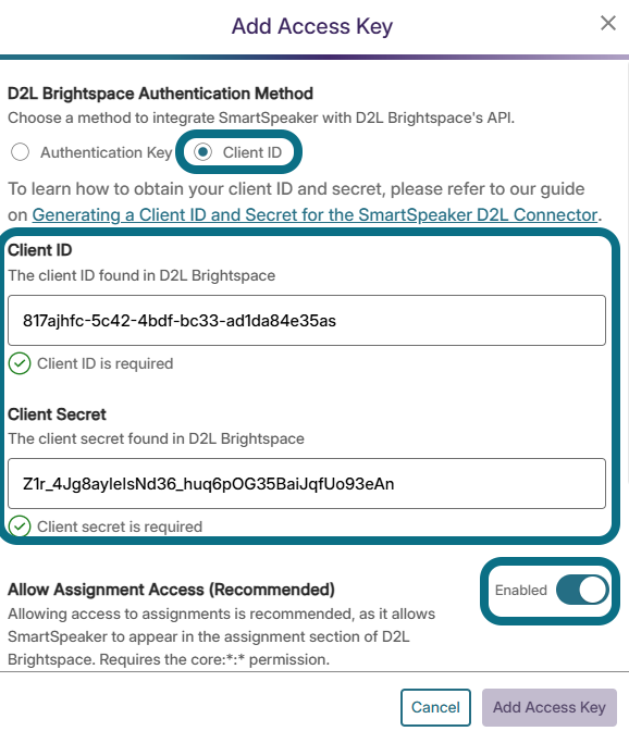 the client ID is selected from the Add Access Key modal with options filed for Client ID and Secret.