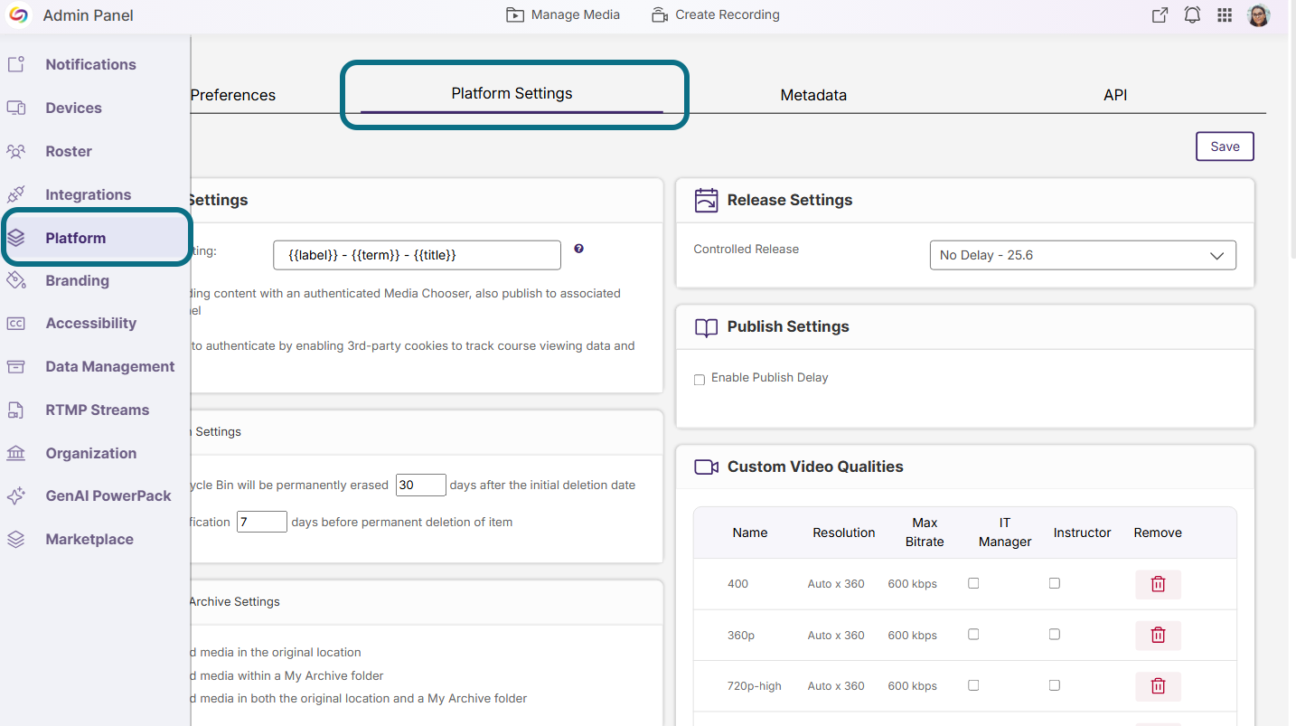 Platform Settings within the Platform menu.