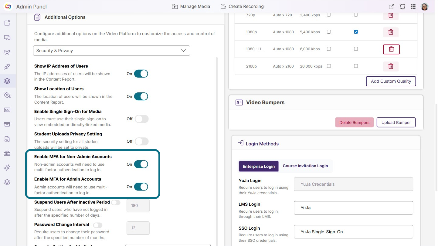 The enable MFA toggles within the Additional Options section.