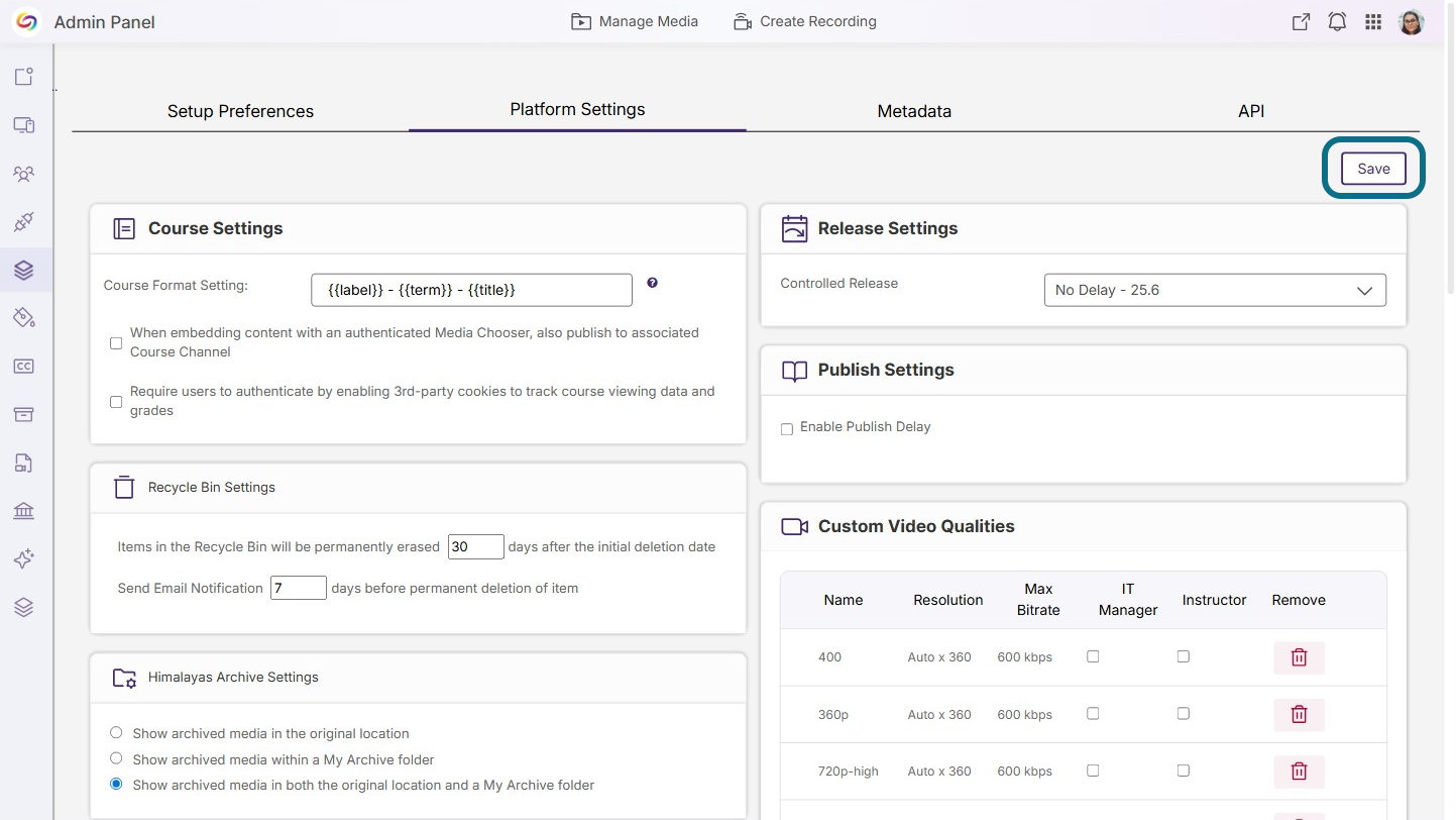 Save button in the Platform Settings page.