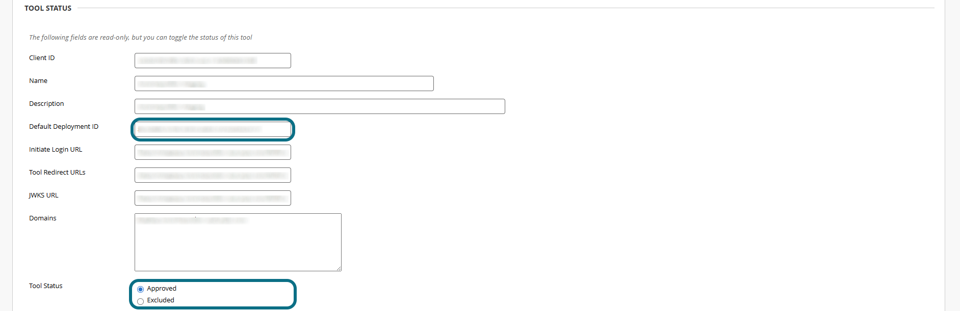 Blackboard LTI 1.3 Tool with deployment ID and tool status circled