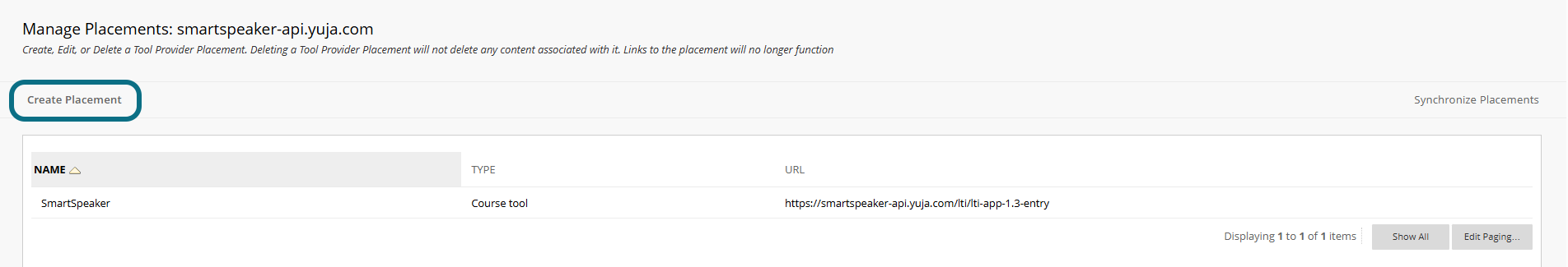 Blackboard LTI 1.3 Tool with Create Placement button circled