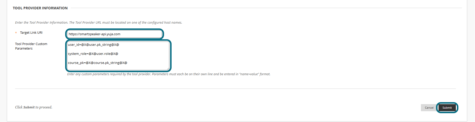 Blackboard LTI 1.3 Tool with Target Link URI, tool provider custom parameters and submit button circled
