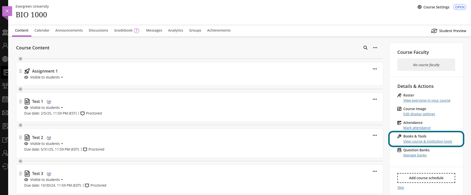 Blackboard course page with Books and Tools button circled