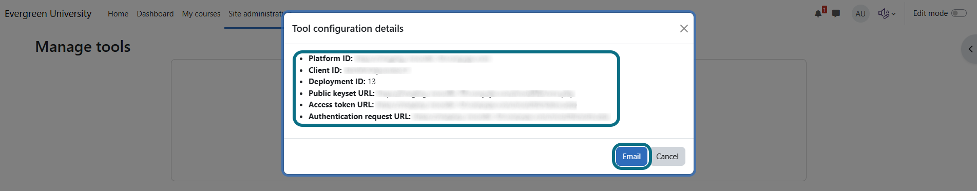 Moodle with tool configuration details and email button circled