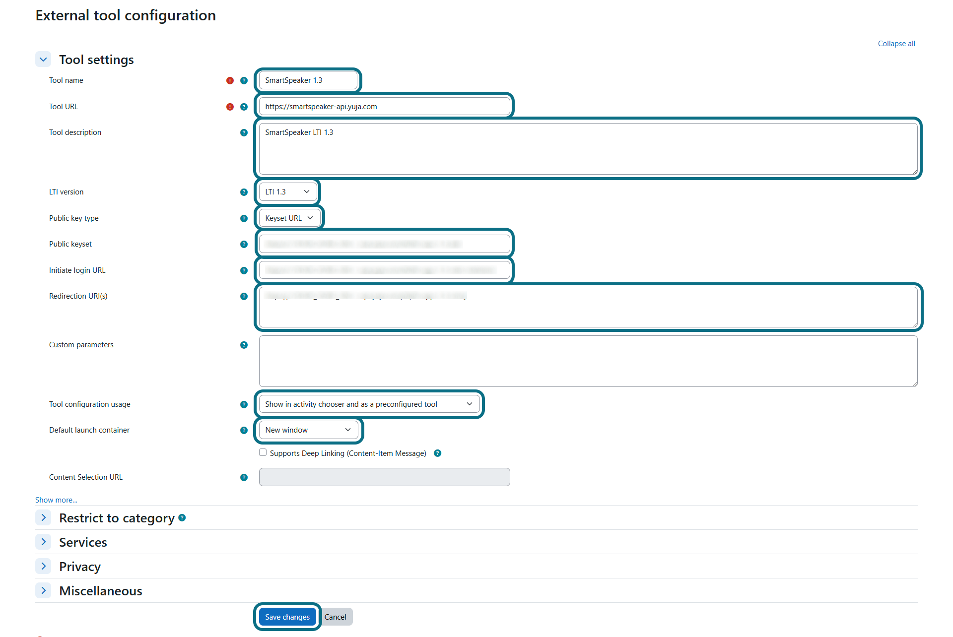 Moodle external tool configuration with fields and save changes button circled