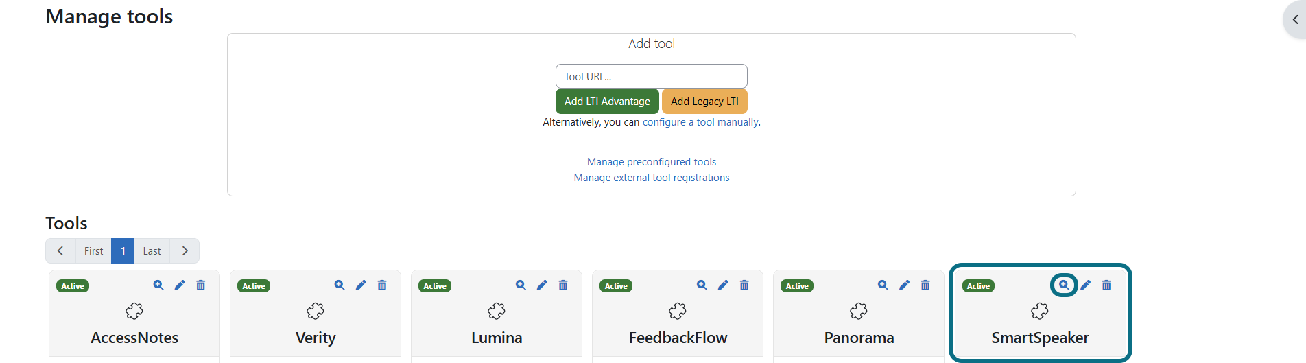 Moodle with SmartSpeaker and view configuration details button circled