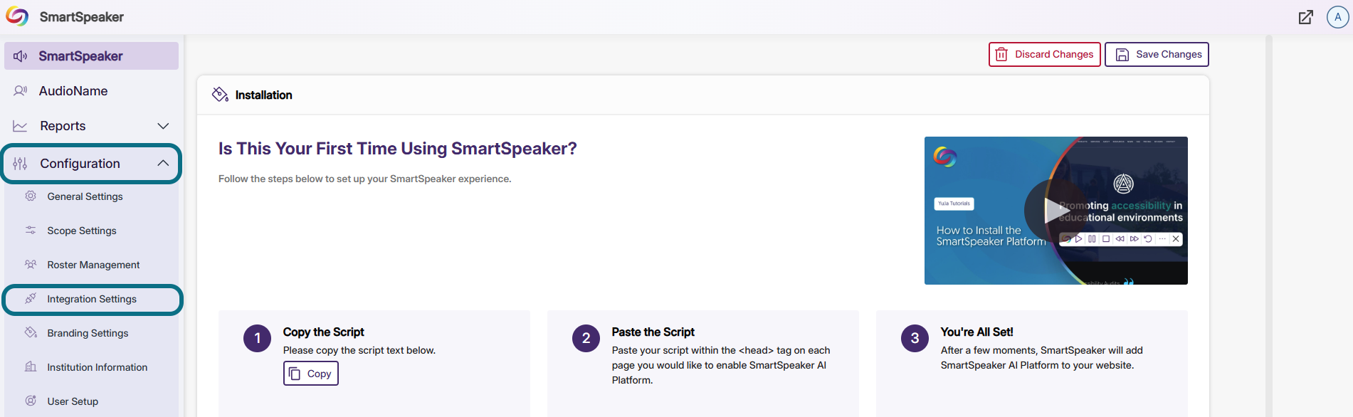 SmartSpeaker with configuration and Integration settings circled