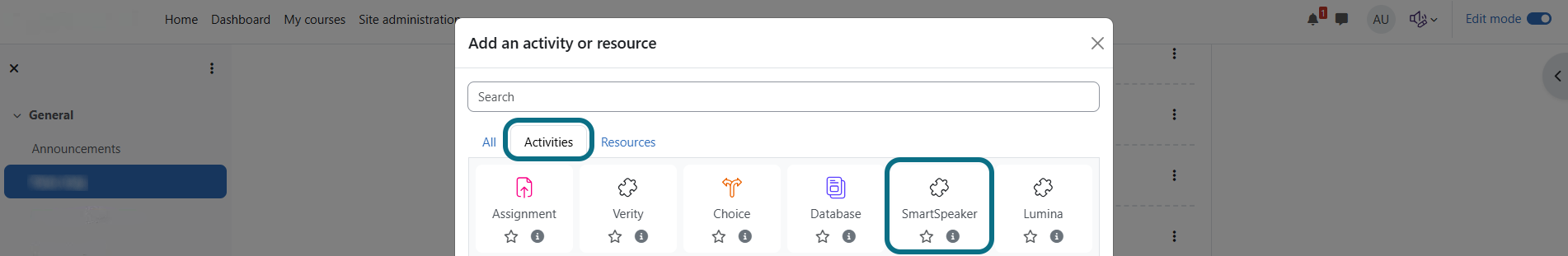 Moodle add an activity or resource modal with activities tab and SmartSpeaker button circled