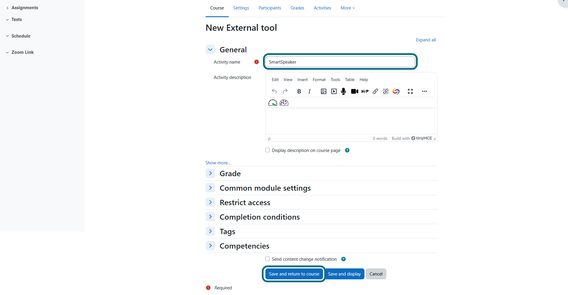 Moodle new external tool page with activity name and save and return to course button circled