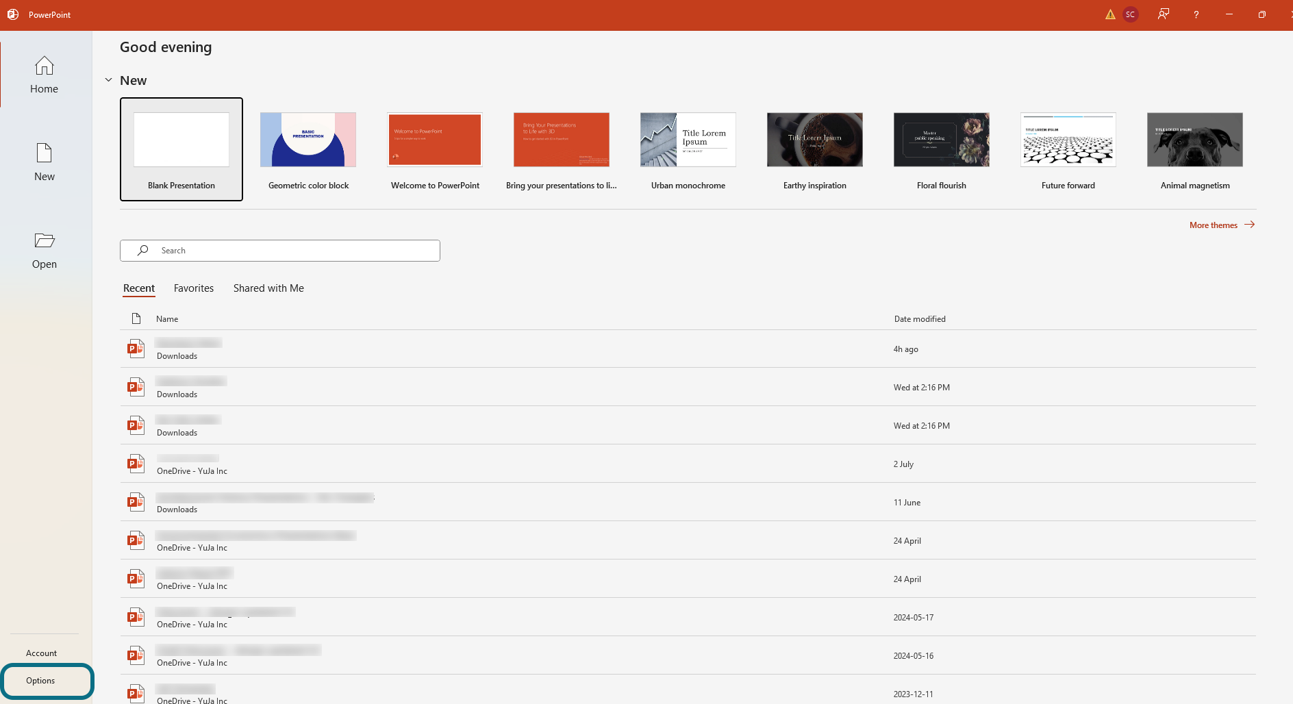 PowerPoint with Options tab circled