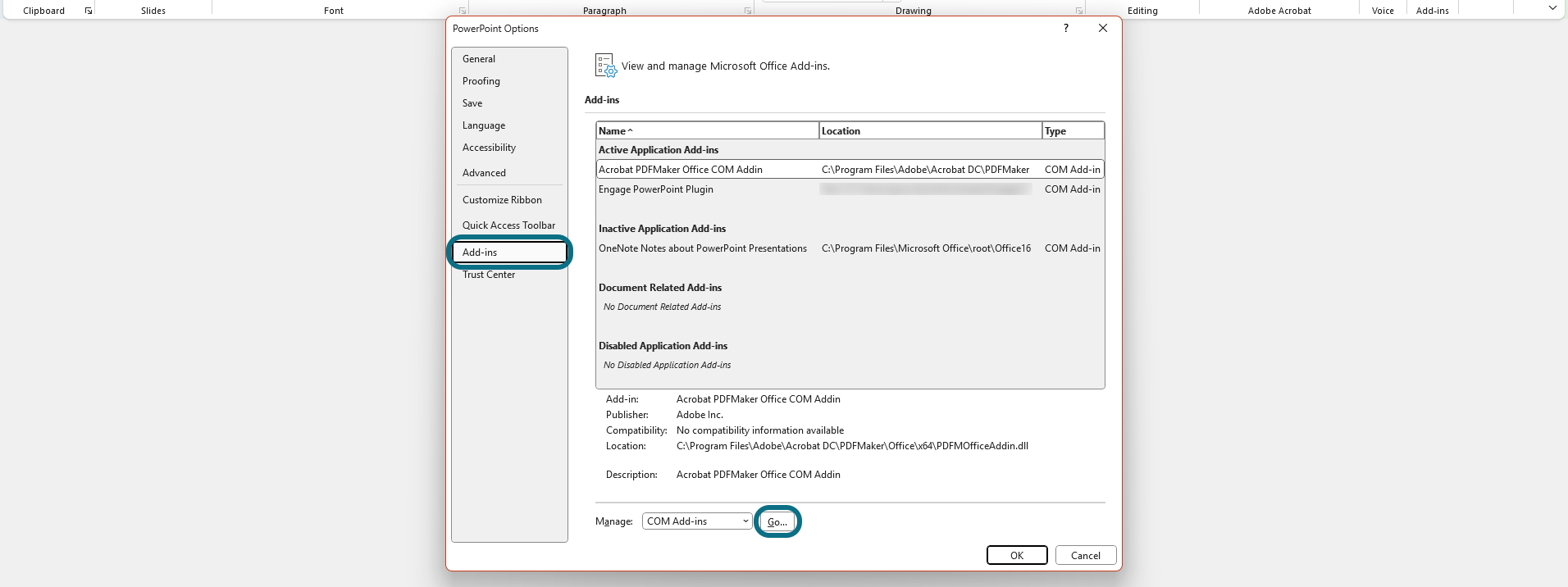 PowerPoint Add-in modal with Go button circled