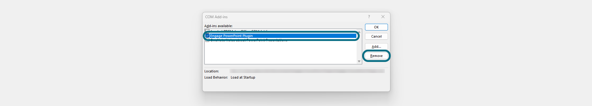 PowerPoint with Engage plugin and remove button circled