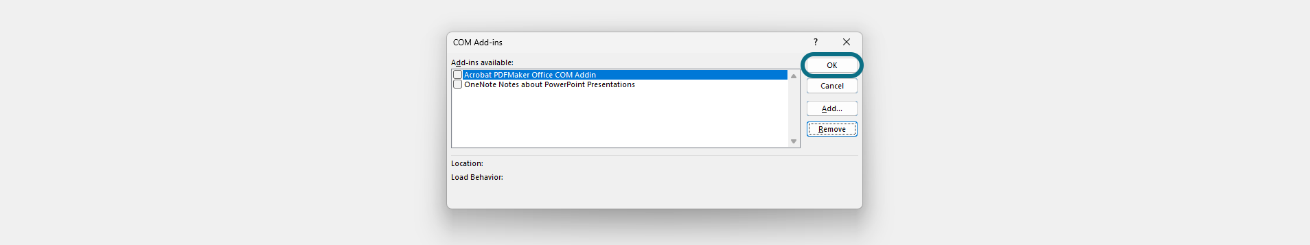 PowerPoint add-in modal with the ok button circled