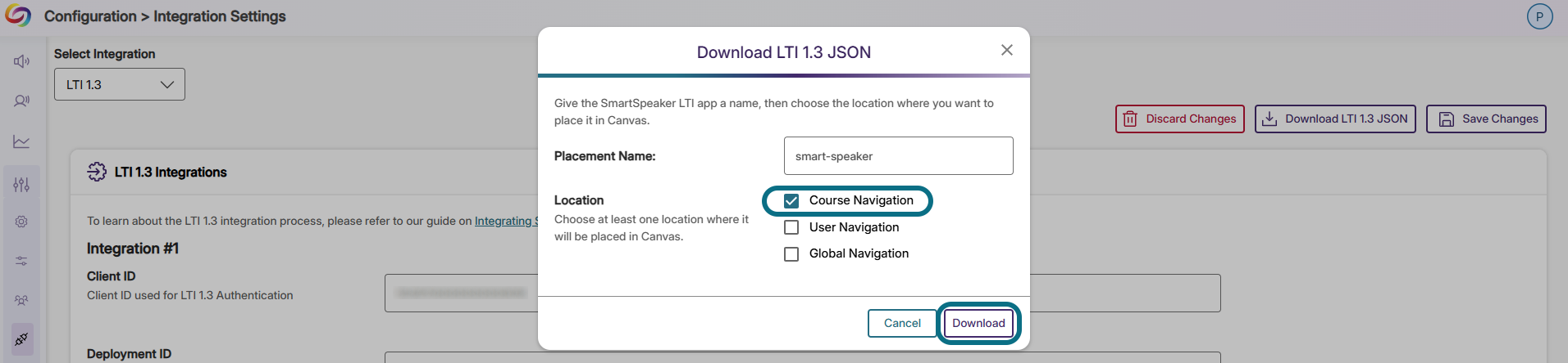 SmartSpeaker with Course navigation check box and download button circled
