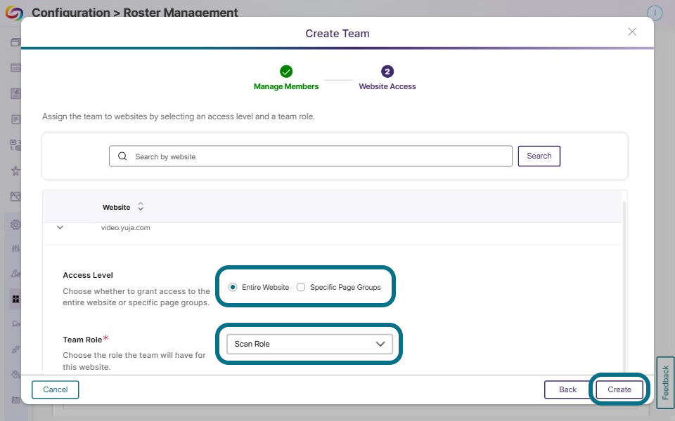 Selecting access level and team role, then create the team.