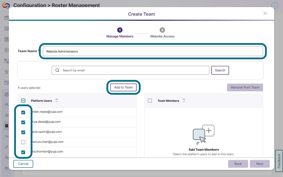 Adding users to team in the Create Team window.