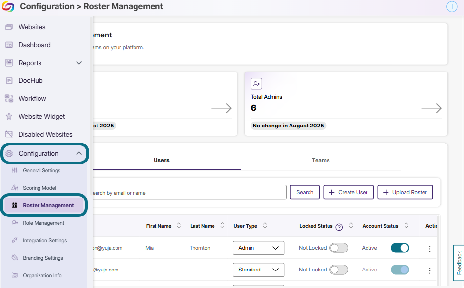 Roster Management option under Configuration in the side panel.