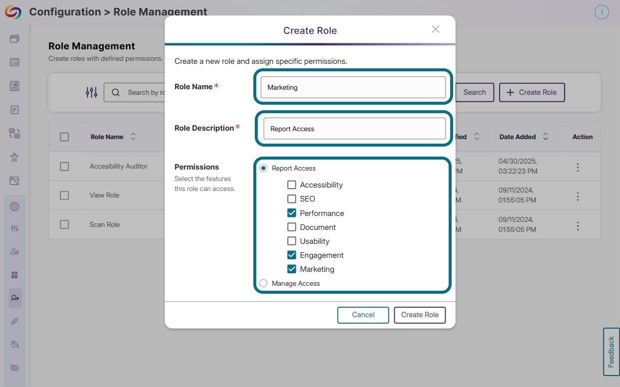 The Create Role window containing the required fields to be filled in.