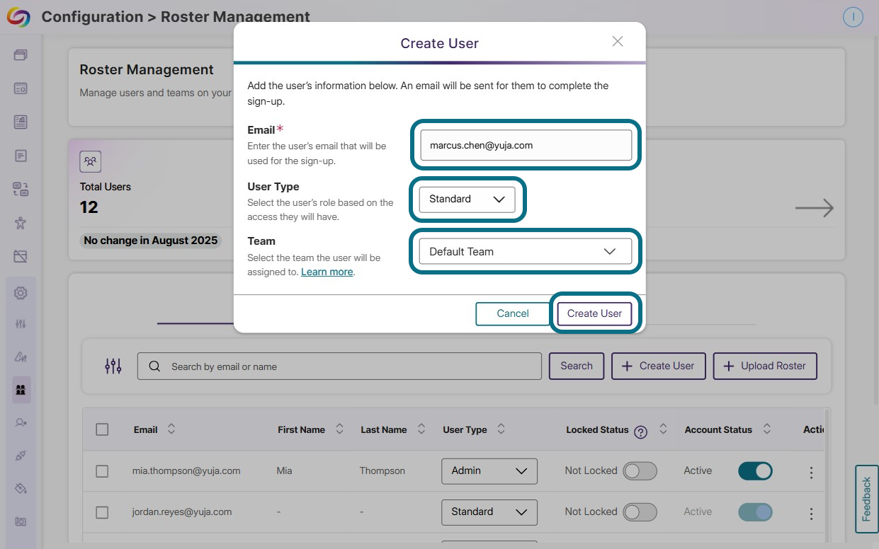 the required information in the create user window.