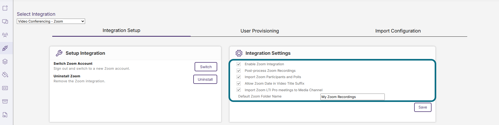 Lumina Zoom integration settings