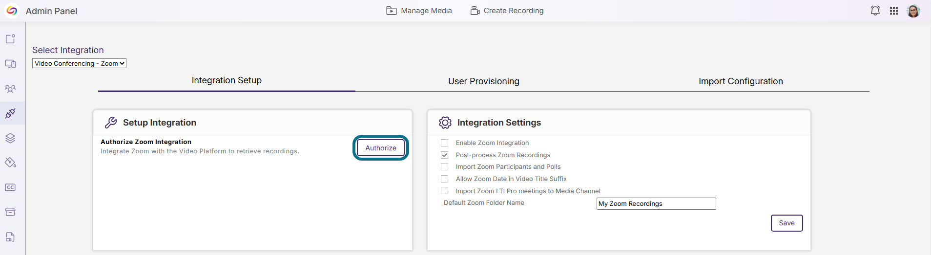 Lumina authorize the Zoom setup integration