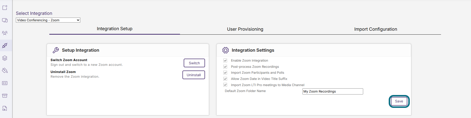 Lumina save Zoom Integration Settings