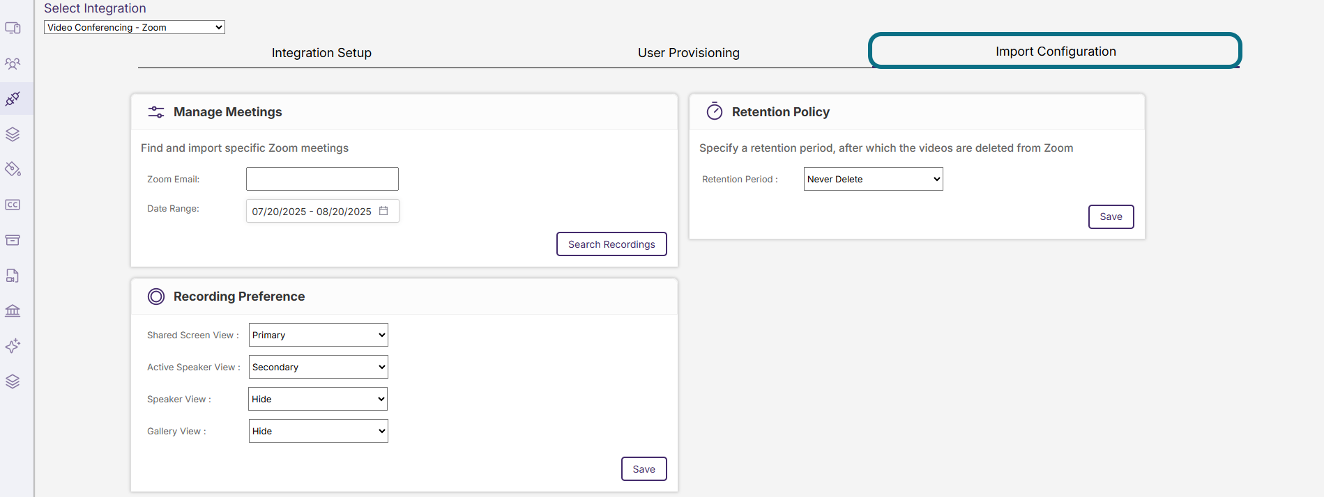 Lumina Zoom integration Import Configuration tab