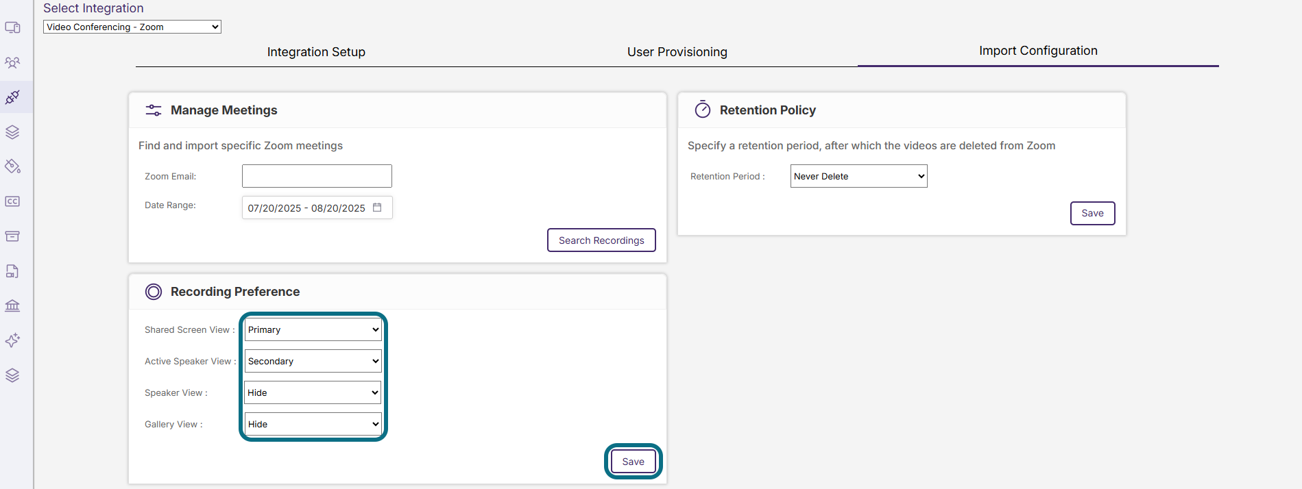 Lumina zoom integration recording preferences circled